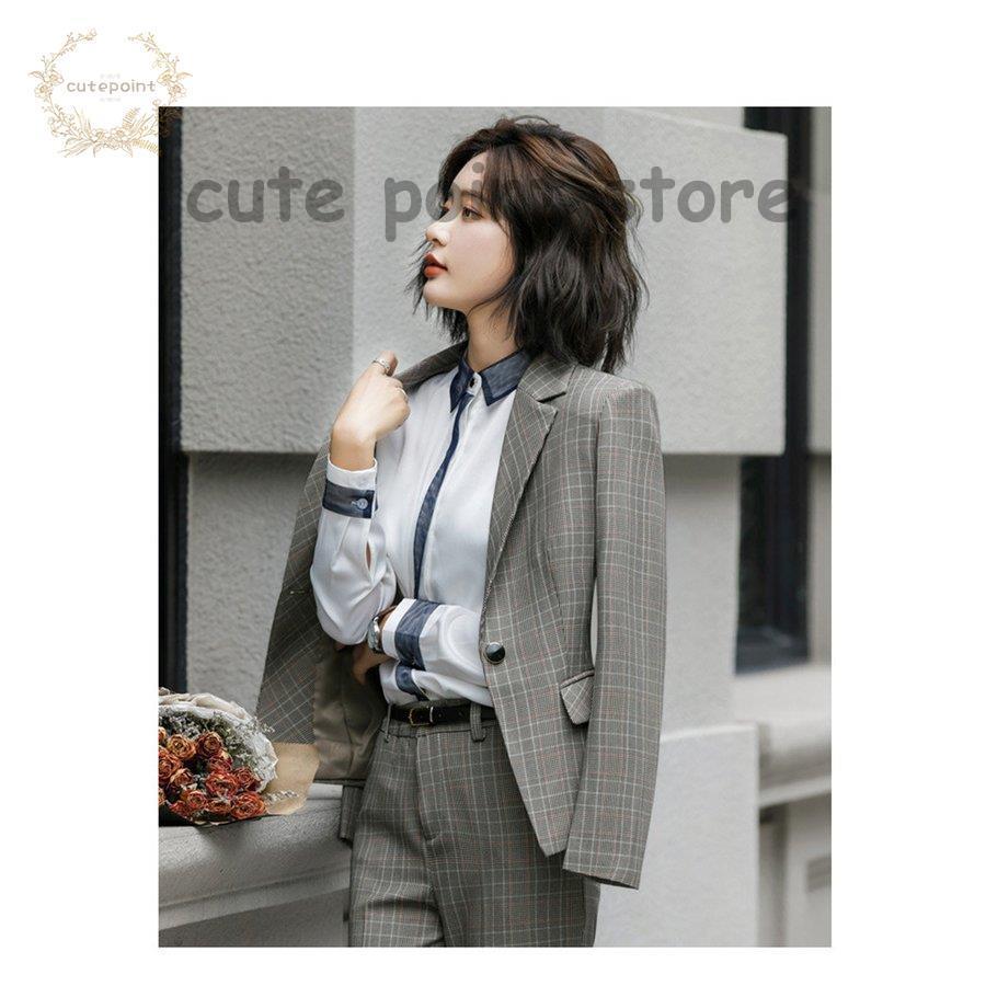 スーツ レディース ビジネス チェック パンツスーツ フォーマル 細身