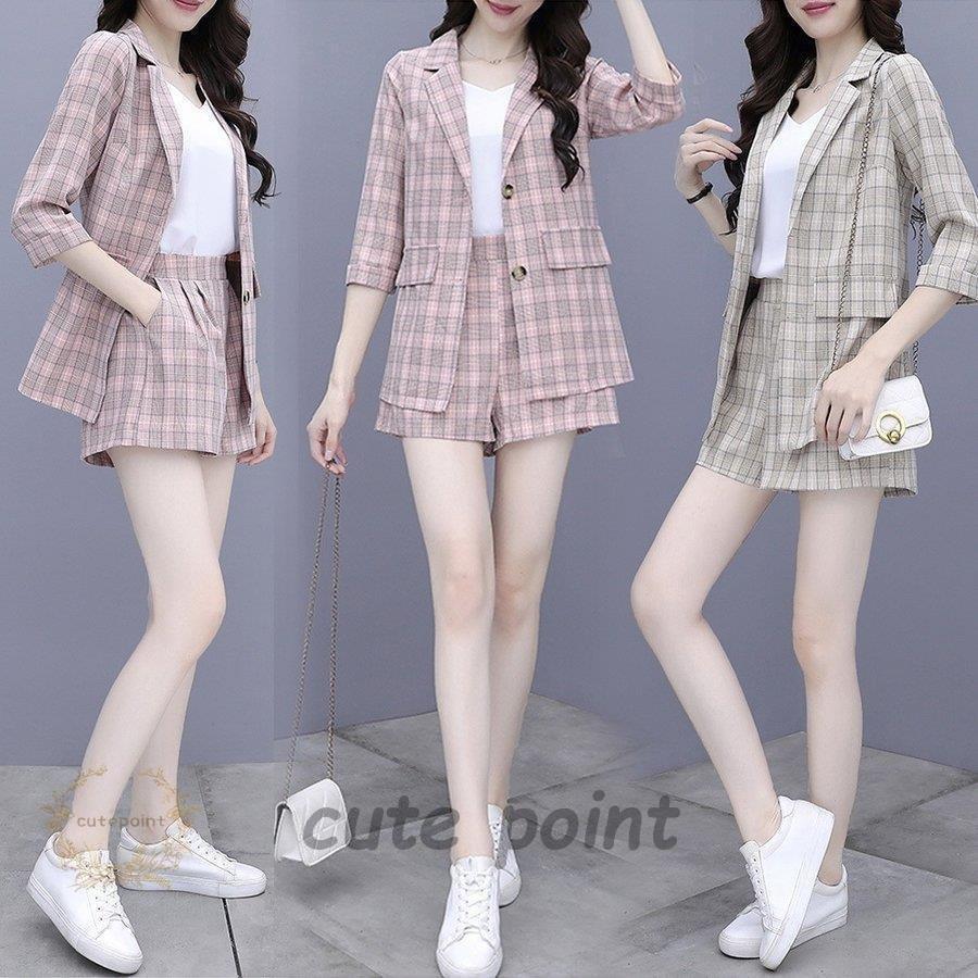 セットアップ レディース 40代 春夏秋 長袖セットアップ 七分丈スーツジャケット ショットパンツ オシャレチェック柄2点セット 通勤 ビジネス 着痩せ 大人 訳ありセール 格安