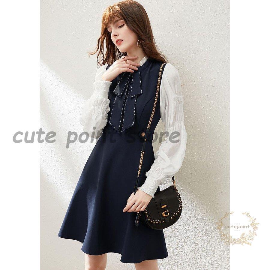 ワンピース 長袖 首元フリル 重ね着デザイン 膝上 胸元リボン アンティーク風 甘め フェミニン ドライブ リゾート 母親 食事会 ママ 女子旅 休日 Rei70 Ct0 Gmxrh1271 Cute Point 通販 Yahoo ショッピング