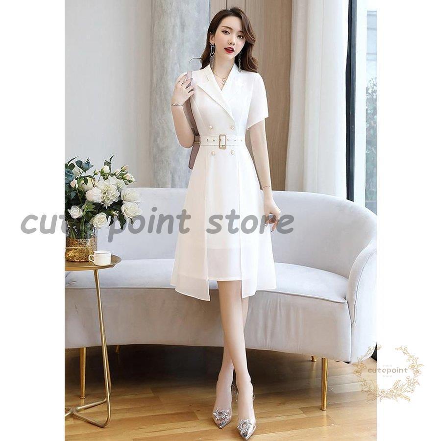 春夏新作モデル デート ストリート 女子会 定番 オフィスカジュアル 無地 ウエストマーク 半袖 襟付き ワンピース きれいめ リゾート フェミニン ワンピース カラー ホワイト Www Collectiviteslocales Fr