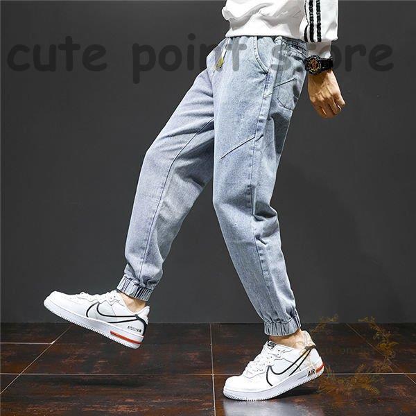 サルエルパンツ メンズ デニムパンツ ジーパン ジーンズ ライトブルー リボン付き 太め ゆったり リブパンツ 無地 秋冬 超熱