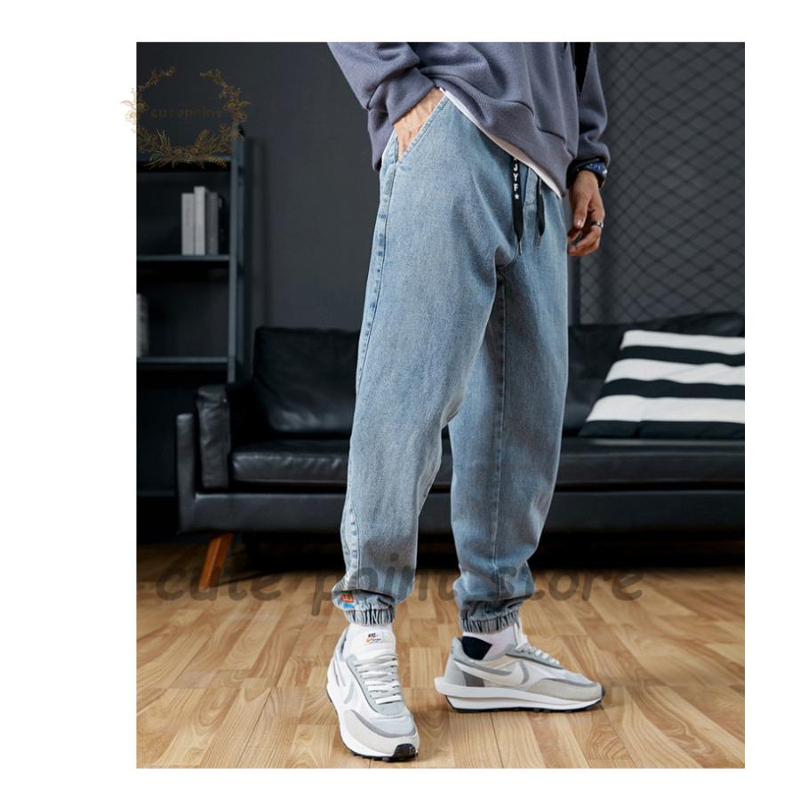 メンズデニムパンツ 裾リブ ワイドパンツ ウォッシュ加工 色むら メンズデニムパンツ 裾リブ ワイドパンツ ウォッシュ加工 色むら