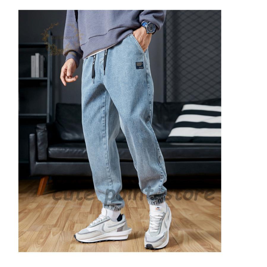 メンズデニムパンツ 裾リブ ワイドパンツ ウォッシュ加工 色むら メンズデニムパンツ 裾リブ ワイドパンツ ウォッシュ加工 色むら