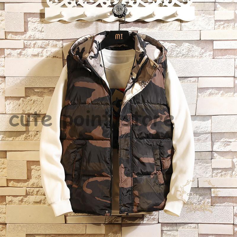 迷彩 ダウンベスト メンズ ベスト ダウンジャケット お洒落 中綿 フード付き 新作 ダウンコート 秋 冬 迷彩柄 新生活