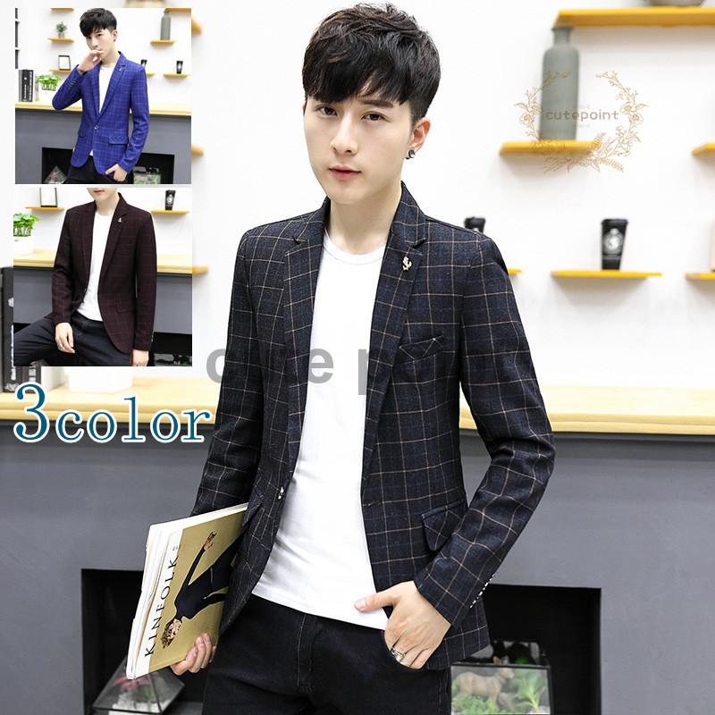 ビジネスジャケット メンズ ブレザー チェック柄 ビジネススーツ 通勤