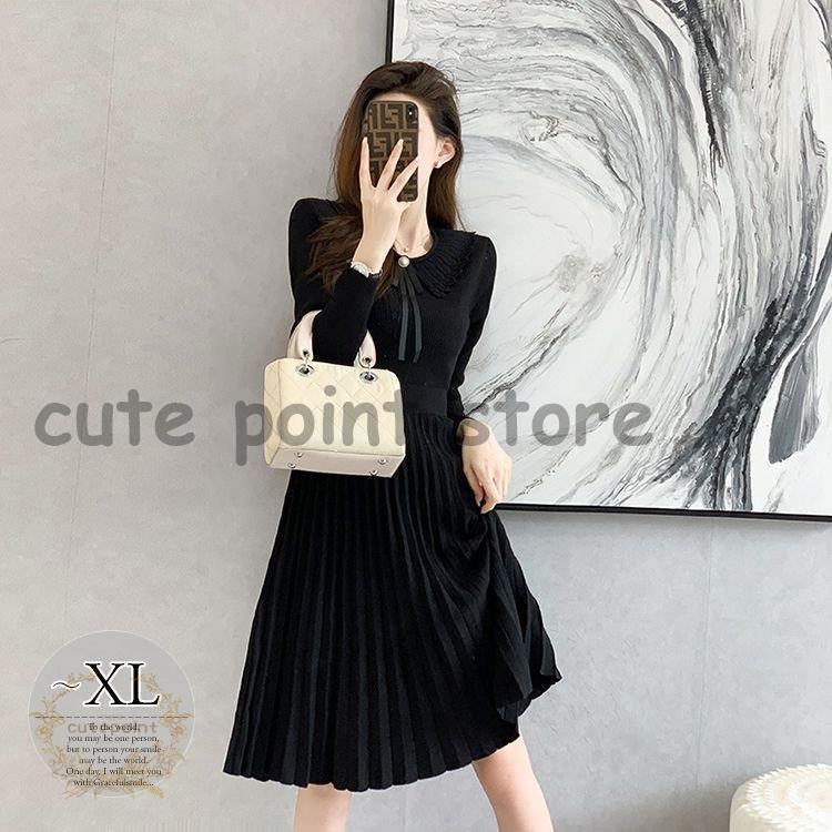 クーポン最安価格 ニットワンピース 丸首 長袖 プリーツ ウエスト切替 膝丈ワンピ ブラック 胸元リボン クラシカル クール 食事会 リゾート ママスタイル キレイ目 清楚 販売用 Www Superavila Com