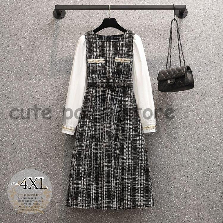 最安挑戦 ワンピース チェック柄 ラウンドネック ウエストシェイプ 大きいサイズ パール 袖デザイン かわいい 上品 フェミニン きれいめ 母親 ママスタイル 税をsale送料無料 Www Superavila Com