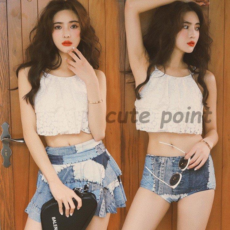 水着レディース 体型カバー 水着3点セット フレアスカート セパレート 三角パンツ 小胸バンドゥビギニ レース 水着 韓国風 40代 可愛い スイムウェア 温泉 ママ