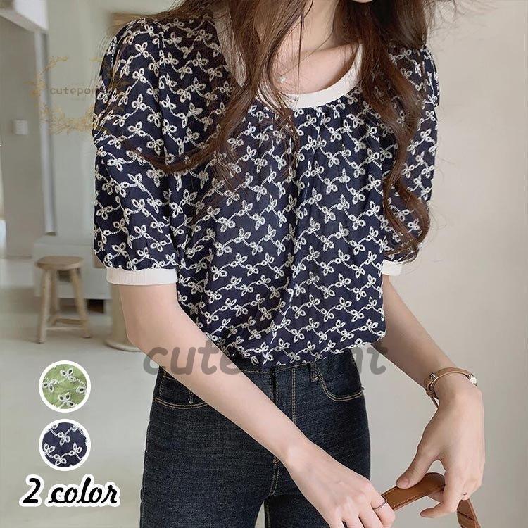 ブラウス レディース 春夏 半袖 パフスリーブ 花刺繍 シフォンブラウス 韓国chic シャツ Tシャツトップス通勤 着痩せ 新作