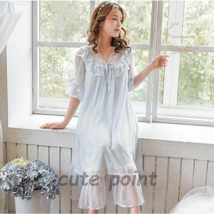 4色！2021新作 レディース レース 姫系 ネグリジェ 寝巻き 五分袖