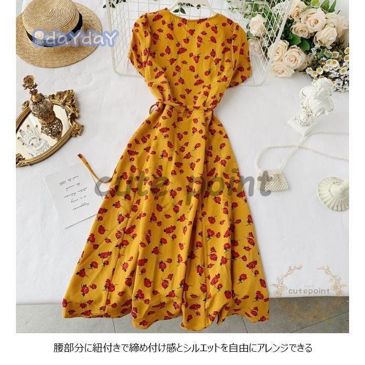 ワンピース 半袖 夏ワンピース レディース ロングワンピ 花柄 Vネック レトロ 半袖ワンピ リゾートウェア 花柄ワンピース お洒落 世界の