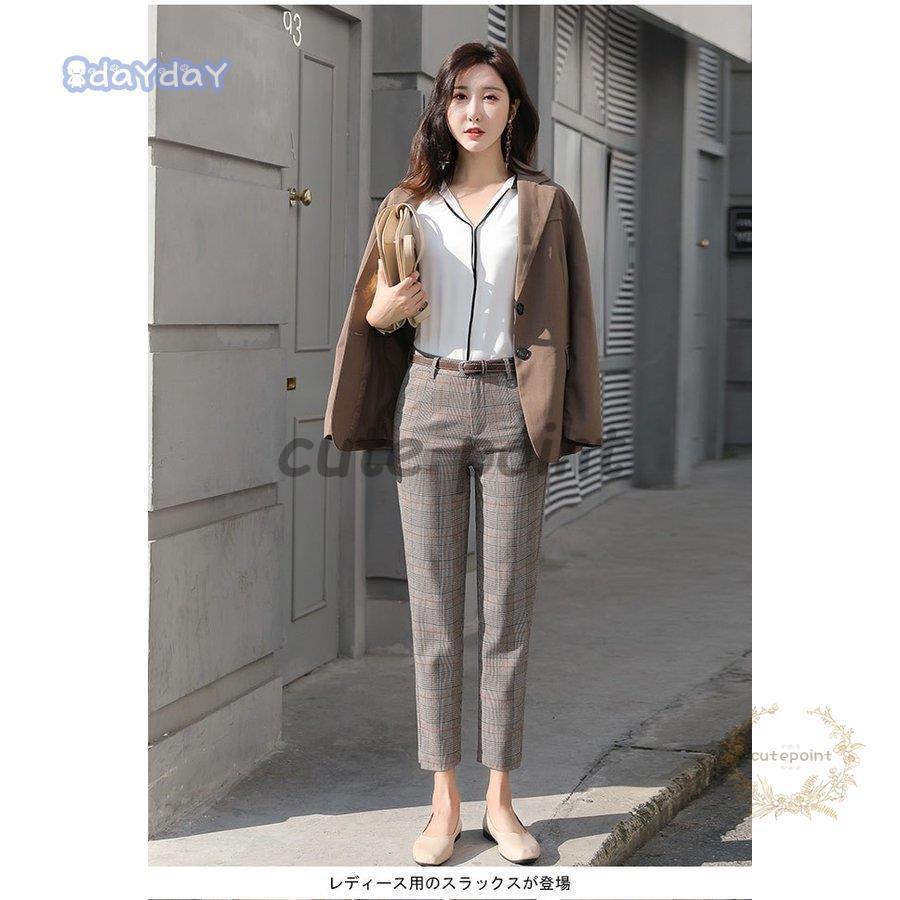 新品☆LLグレー系チェック柄うすかるテーパードパンツスーツお仕事・通勤◯D407 テーパードパンツ グレンチェック レディース スラックス