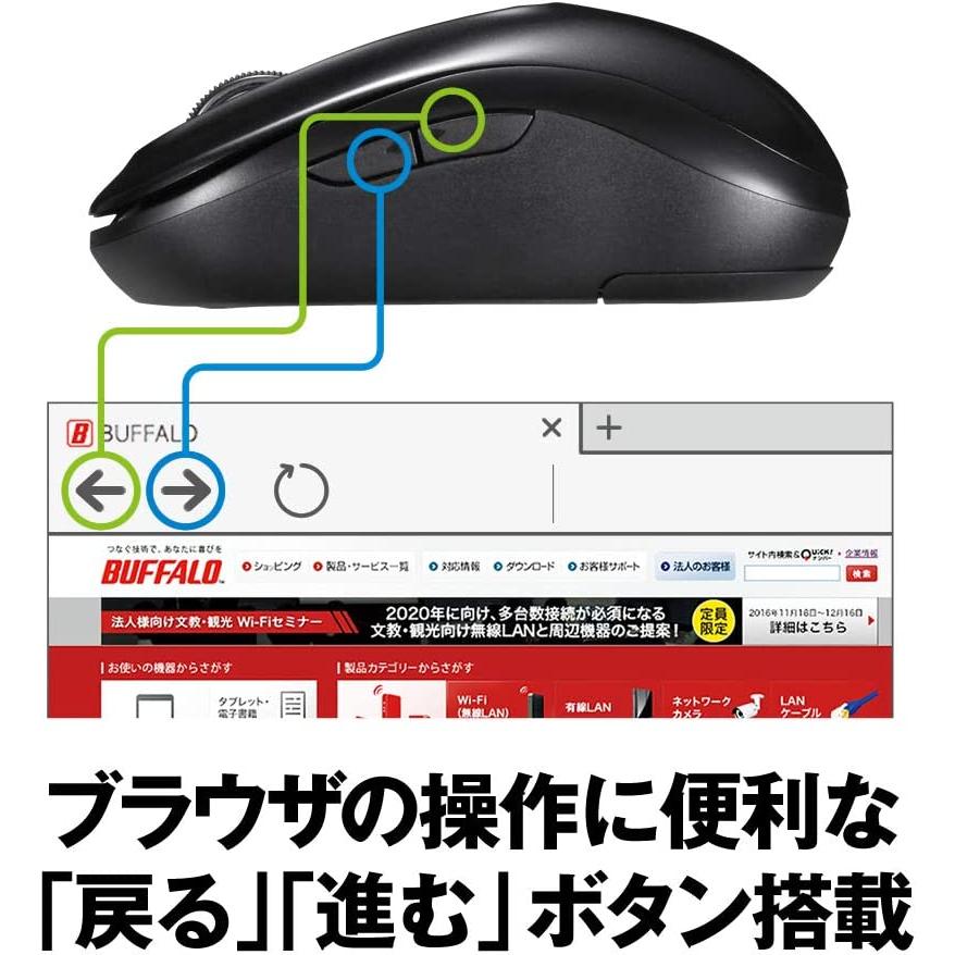 BUFFALO（バッファロー） マウス 無線 ワイヤレス 5ボタン 戻る/進む