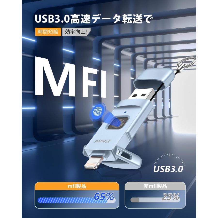 Zibassi【MFI認証取得 高速認識】指紋認証 USBメモリ 128GB スマホ usbメモリUSB 3.0  キャップ付（グレー）｜cuttingedgemss｜02