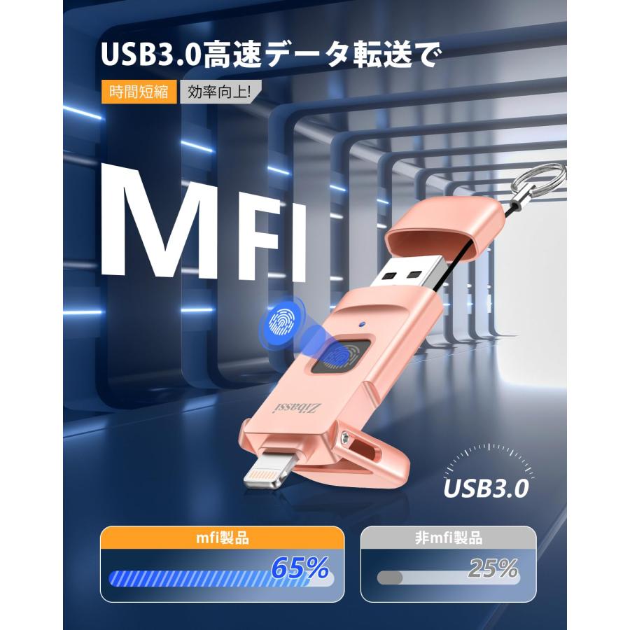 Zibassi【MFI認証取得 高速認識】指紋認証 USBメモリiPhone用USBメモリ256GB スマホ usbメモリUSB 3.0（ピンク）｜cuttingedgemss｜02