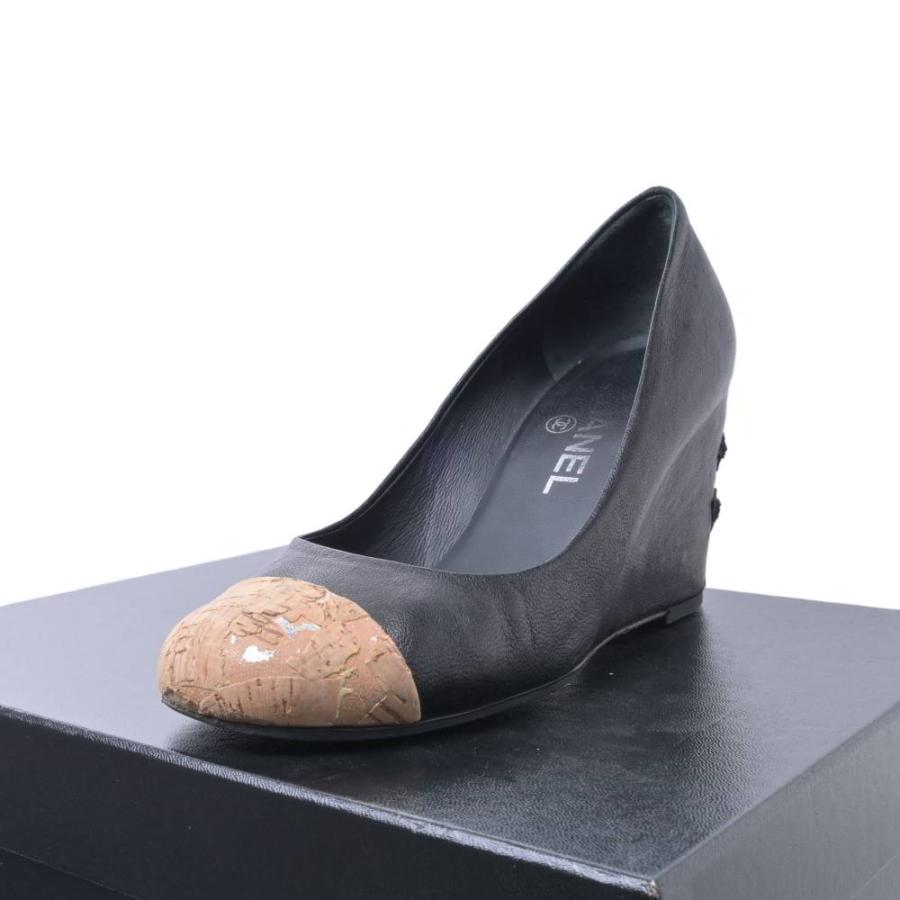 CHANEL 12C ESCARPINS レザー コルク ウェッジ パンプス 36.5