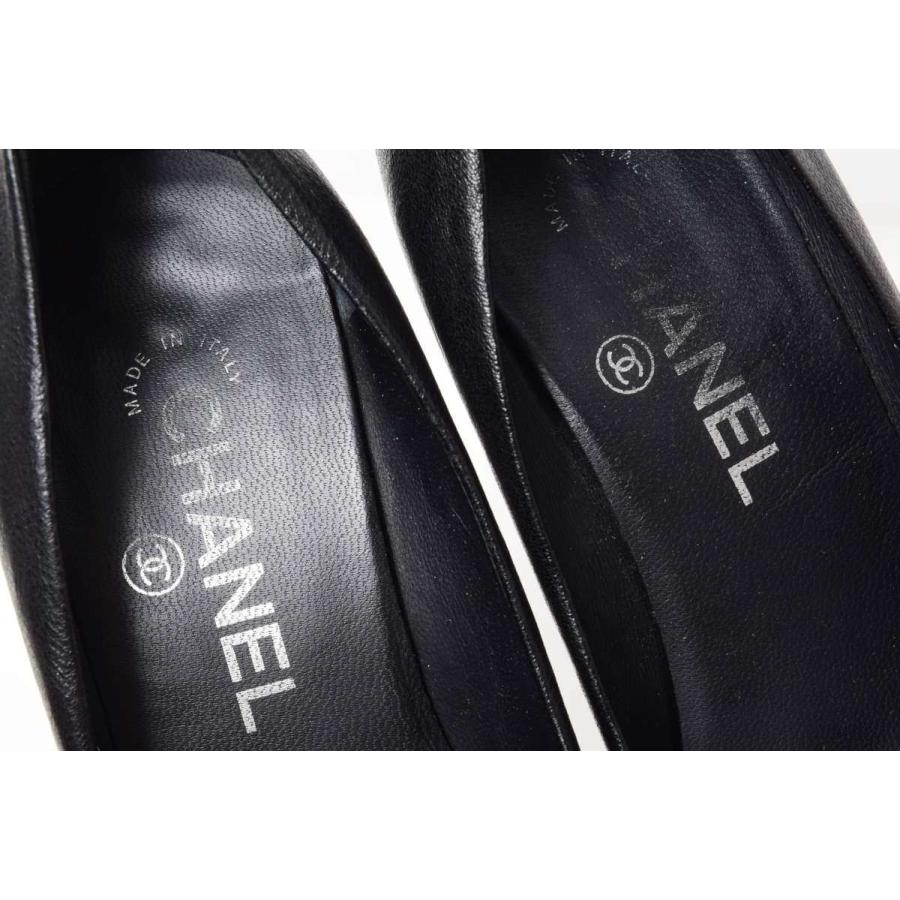 CHANEL 12C ESCARPINS レザー コルク ウェッジ パンプス 36.5 ブラック