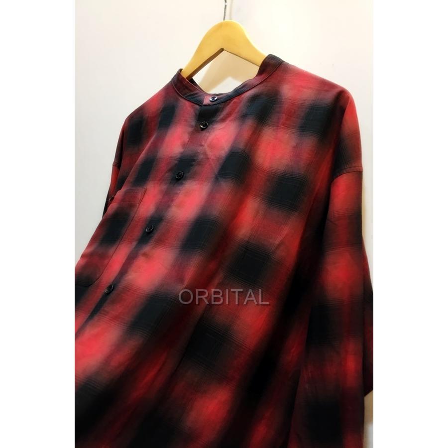 代官山) アキオ AKIO ノーカラーチェックシャツ レッド×ブラック 