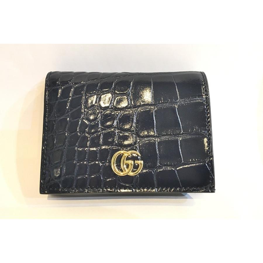 二子玉) グッチ GUCCI 456126 クロコ型押しカードケース プチマーモント コインケース ネイビー 紺 ゴールド 財布 美品 国内正規｜cycleparadise