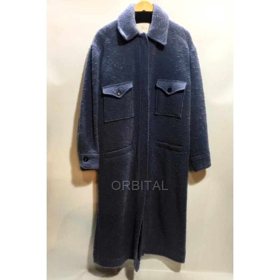 代官山)TELA テラ ウールミックス ニットツイード ロングコート ブルー 