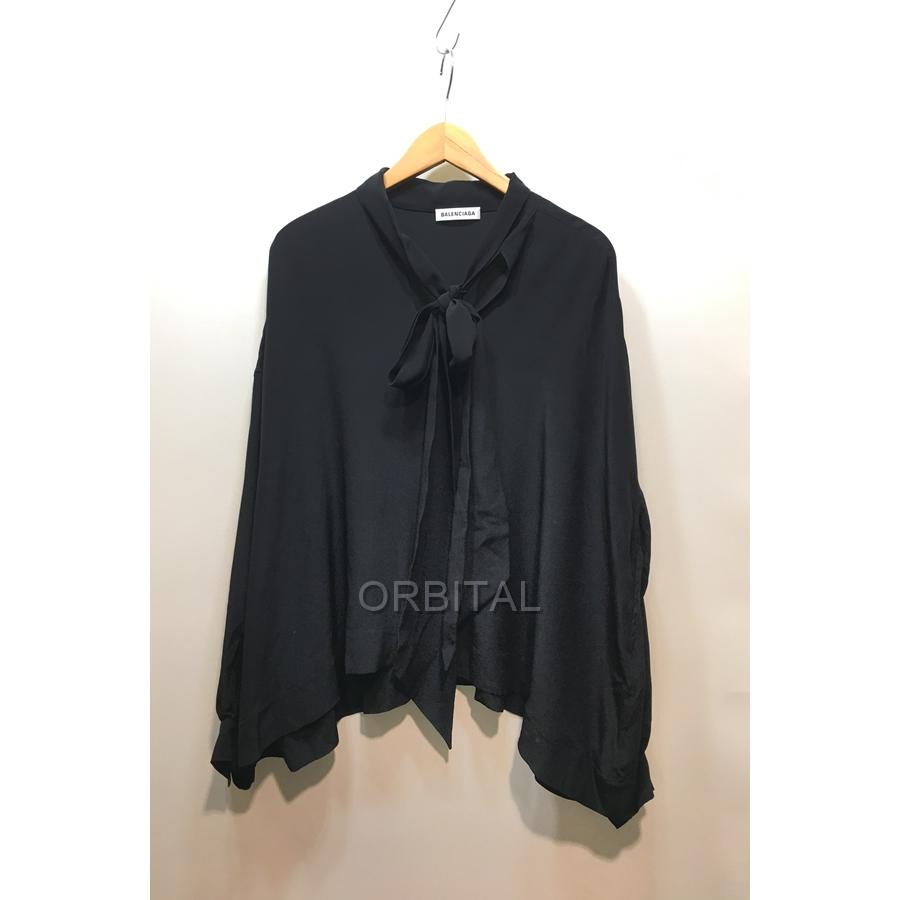 186005 BALENCIAGA バレンシアガ ボウタイブラウス 34 ブラック シルク