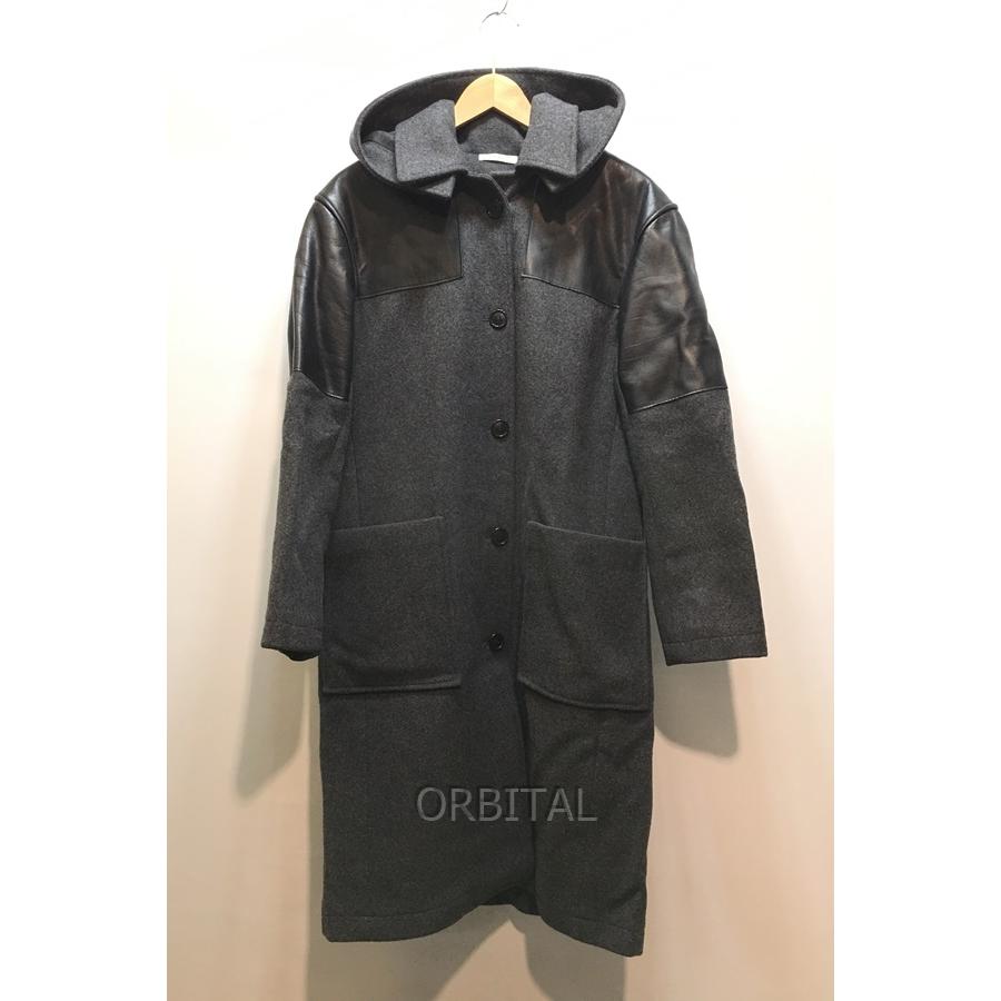 送料込み セリーヌ ガウン コート CELINE 経堂) セリーヌ フード付 レザー切替 メルトンコート