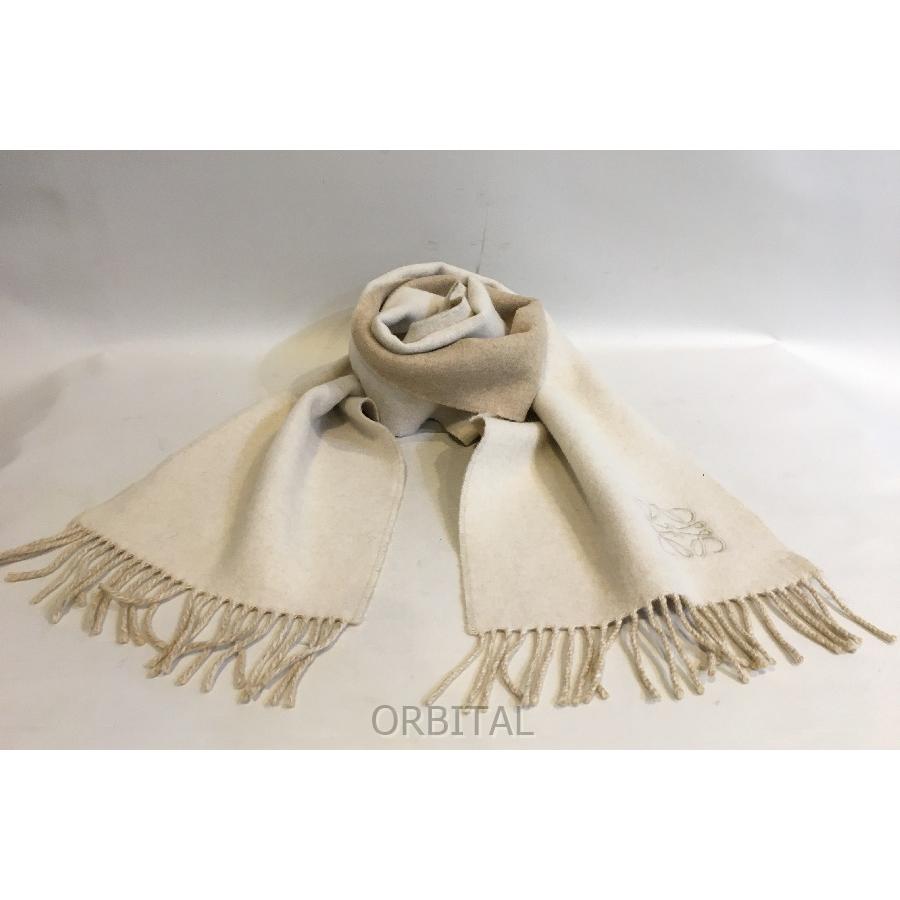 ロエベ LOEWE ウール ベージュ マフラー フリンジ付き バイ