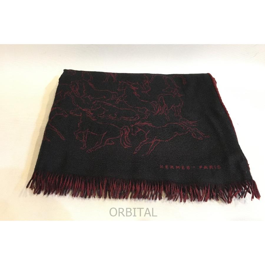 HERMES マフラー　ストール　カシミヤ　さシルク 二子玉)HERMES エルメス カシミヤシルクストール ホース 馬柄 ブラック