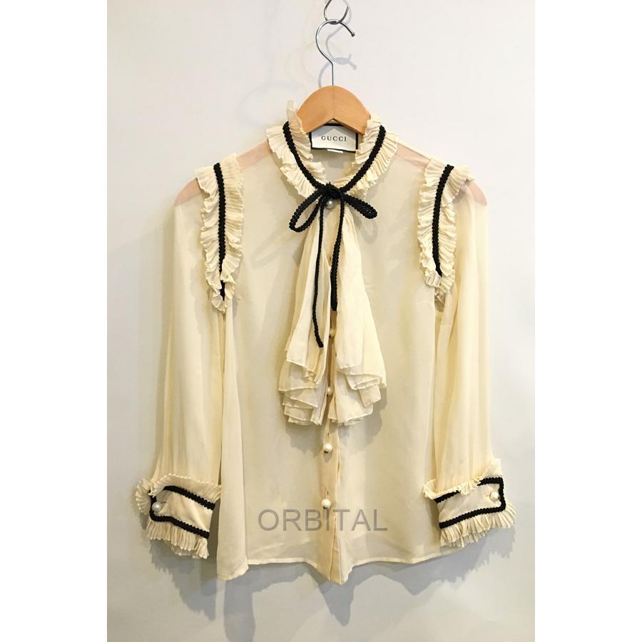 二子玉) GUCCI グッチ パールボタンシルクシフォンフリルブラウス G
