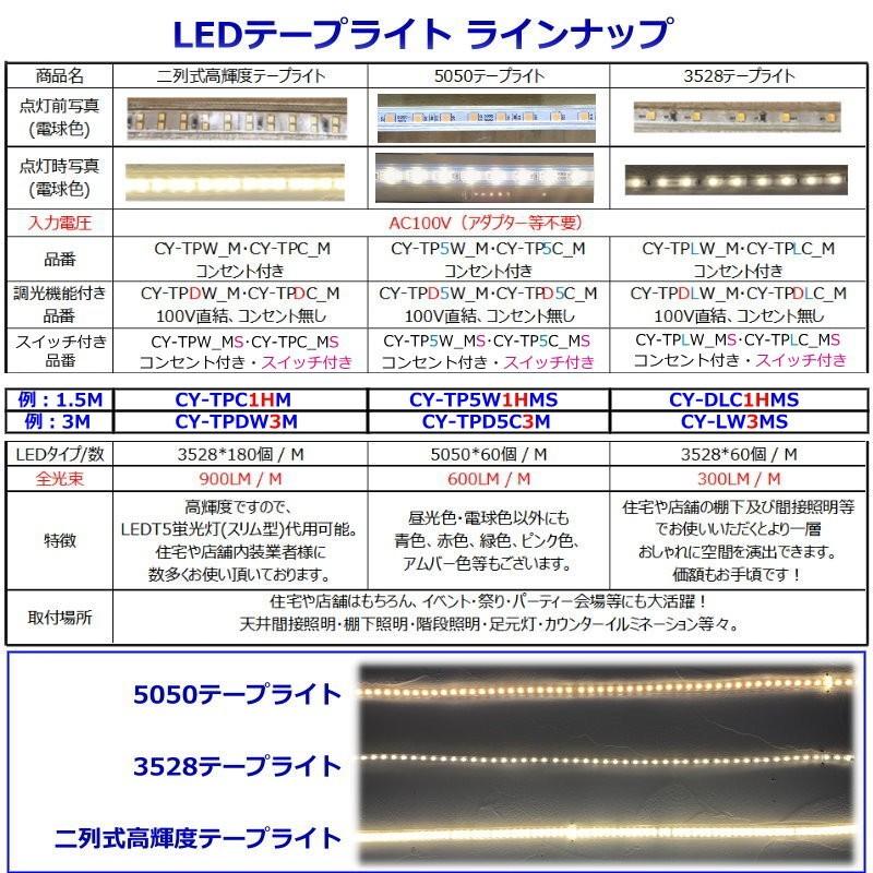 LEDテープライト コンセントプラグ付き AC100V 配線工事不要 棚照明 間接照明 CY-TPC1M 昼光色 1M 高輝度 明るい 簡単便利 二列式