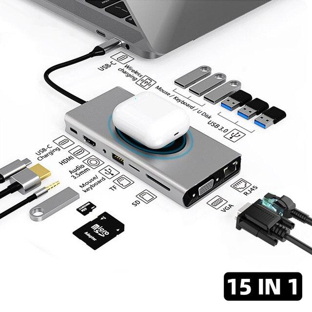 15/10/5/4で1ドッキングステーションusbハブタイプcにhdmi対応ワイヤレス充電器usb 3.0アダプタハブドックステーションmacbook｜cyukusou｜10