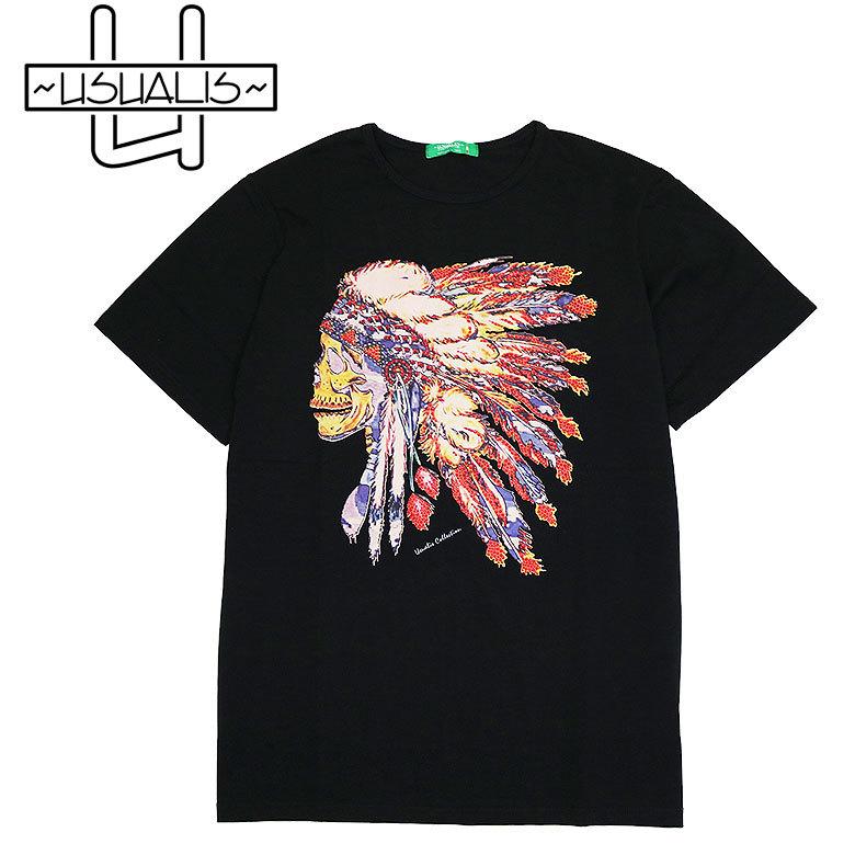 Usualis ウザリス Tシャツ 半袖 カットソー インディアン インディアン カジュアル スカル ラインストーン スワロ ファッション シンプル メンズ