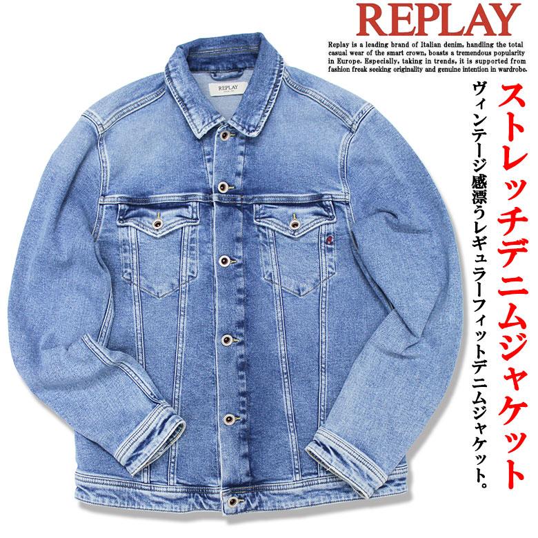 REPLAY リプレイ デニムジャケット ヴィンテージ感 レギュラーフィット ストレッチ ミッドウォッシュ加工 ストーンウォッシュ 11オンス メンズの画像