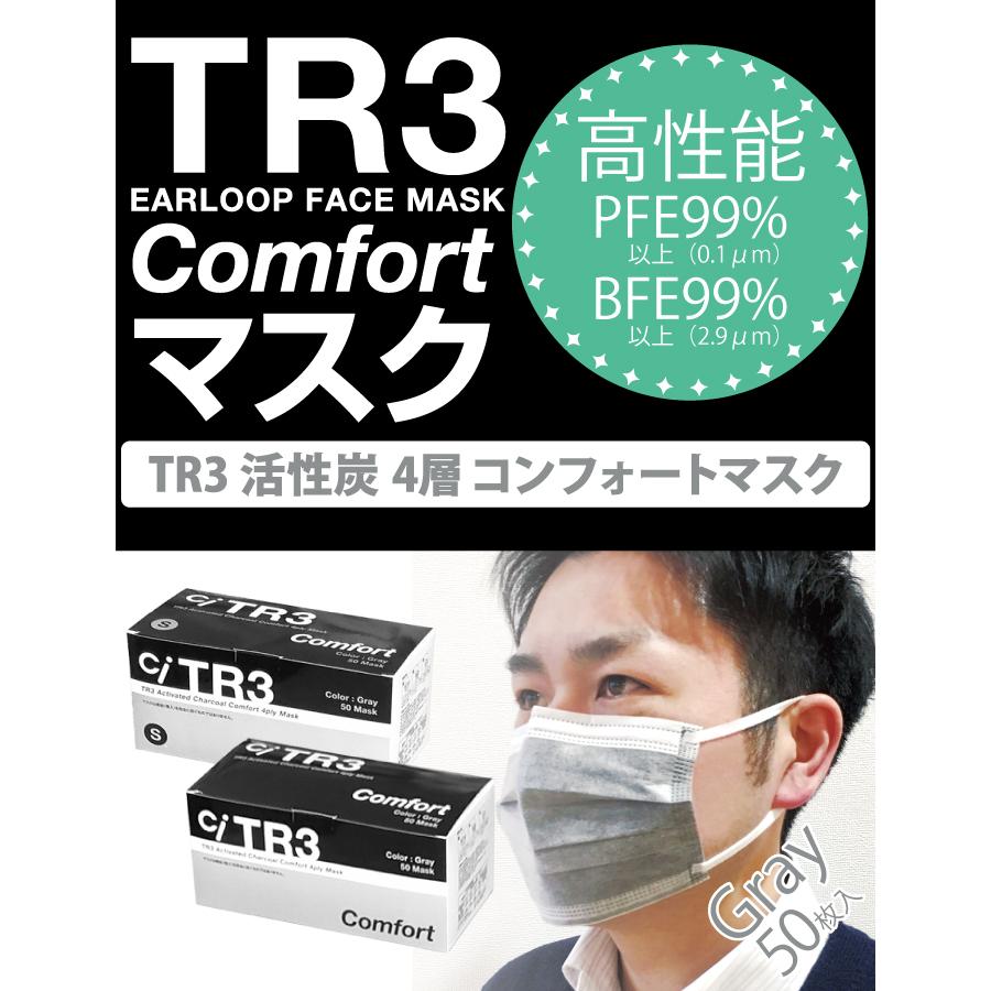マスク 不織布 50枚 使い捨て TR3コンフォートマスク グレー 活性炭 4層 レギュラーサイズ 94×175mm 消臭｜d-fit｜02