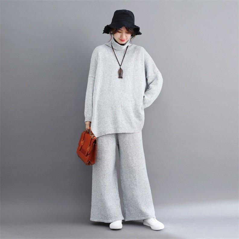 セットアップ ニット レディース パンツスーツ 上下セット 秋 冬 2点セット セーター ス ガウチョパンツ ハイネック 無地 ゆったり 大きいサイズ 40代 大量入荷