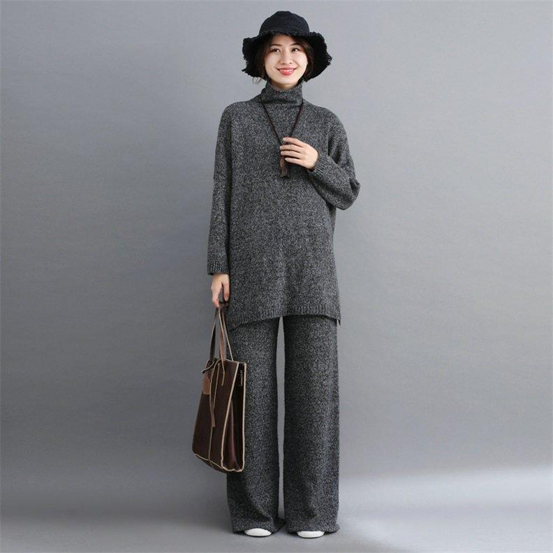 セットアップ ニット レディース パンツスーツ 上下セット 秋 冬 2点セット セーター ス ガウチョパンツ ハイネック 無地 ゆったり 大きいサイズ 40代 大量入荷