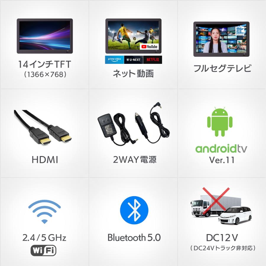 14インチ Android TV ヘッドレストモニター フルセグチューナー内蔵 車載用 家庭用 HDMI入力 Androidtv11 リモコン付 STV140A YouTube Netflix 動画 DreamMaker | ドリームメーカー | 01