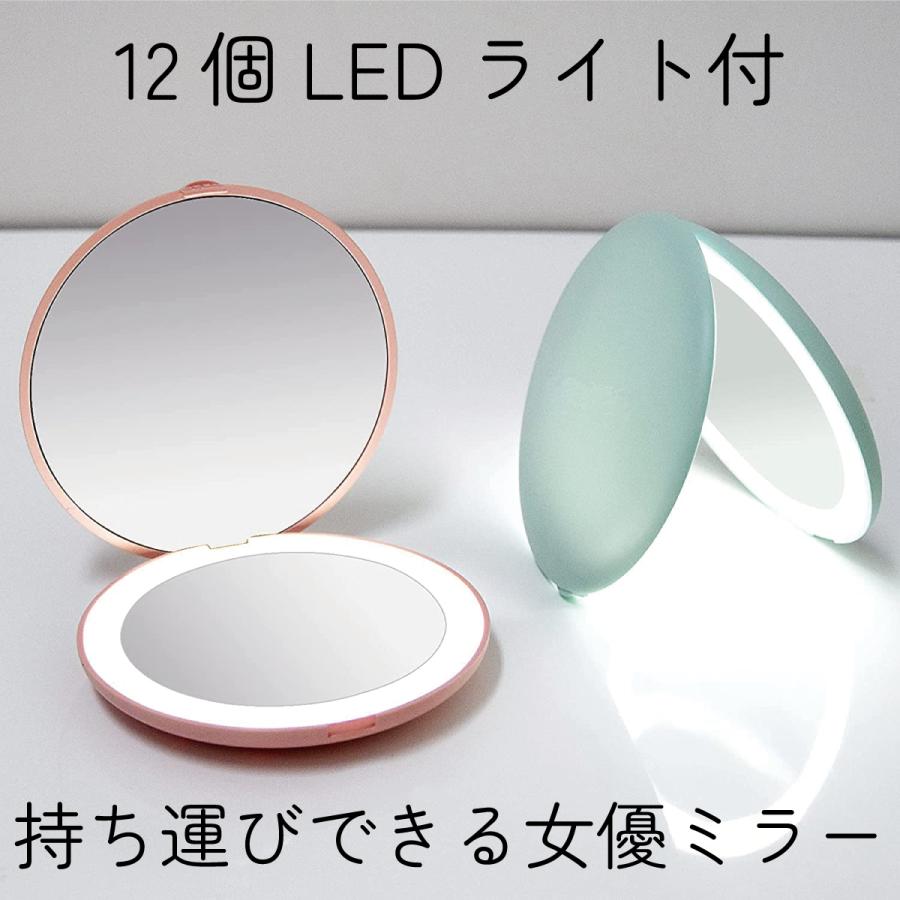 コンパクトミラー 手鏡 LED付 10倍拡大鏡付 折りたたみ 携帯