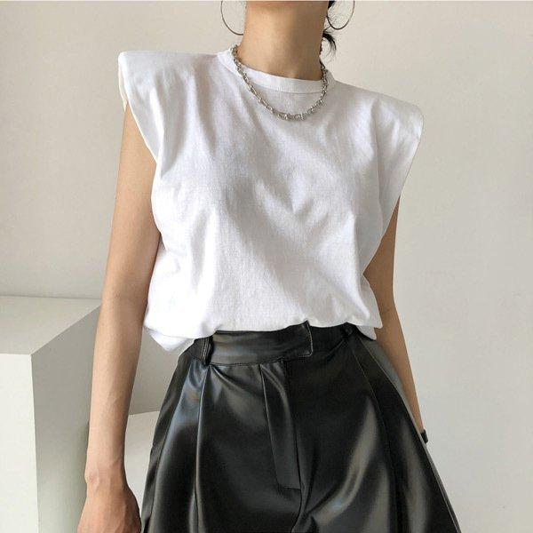 パワーショルダーTシャツコットン生地ノースリーブ白無地トップス黒衣装ダンスヒップホップ韓国
