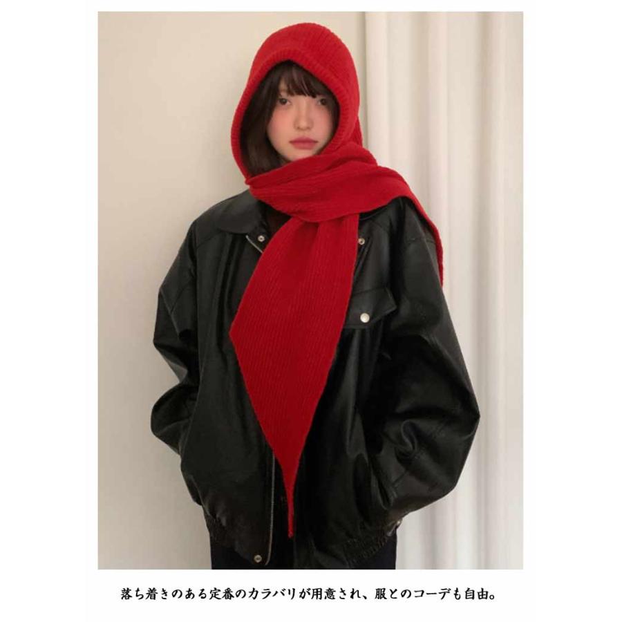 ORIMI マフラーフード付きニットスカーフ 赤黒 マフラー フード付き レディース スカーフ 帽子 防寒 暖かい ニット帽