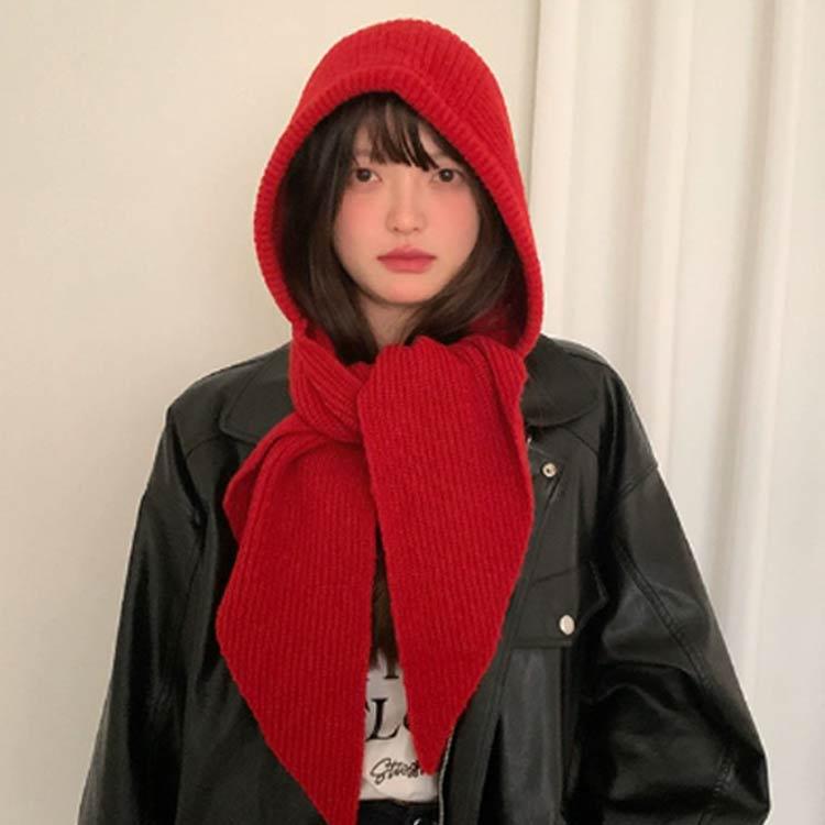 ORIMI マフラーフード付きニットスカーフ 赤黒 マフラー フード付き レディース スカーフ 帽子 防寒 暖かい ニット帽