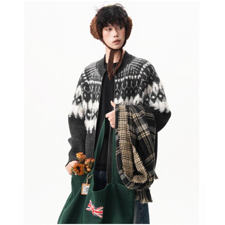 家柄　ニット　カーディガン　ヴィンテージ ノルディック柄 ニット カーディガン メンズ ニットカーディガン