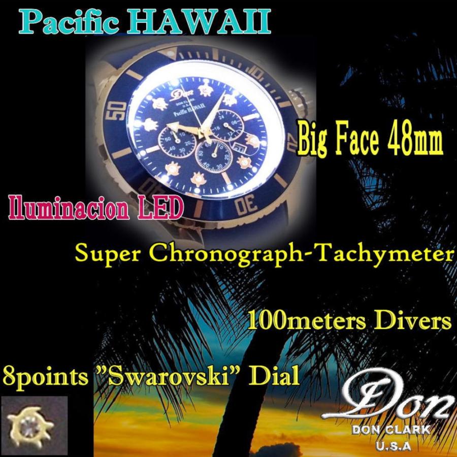 腕時計 メンズ ハワイアンジュエリー 送料無料 Big Face 48mm ダンクラーク タキメーター クロノグラフ ムーブメント搭載 100Mダイバー スワロフスキー8Pの画像