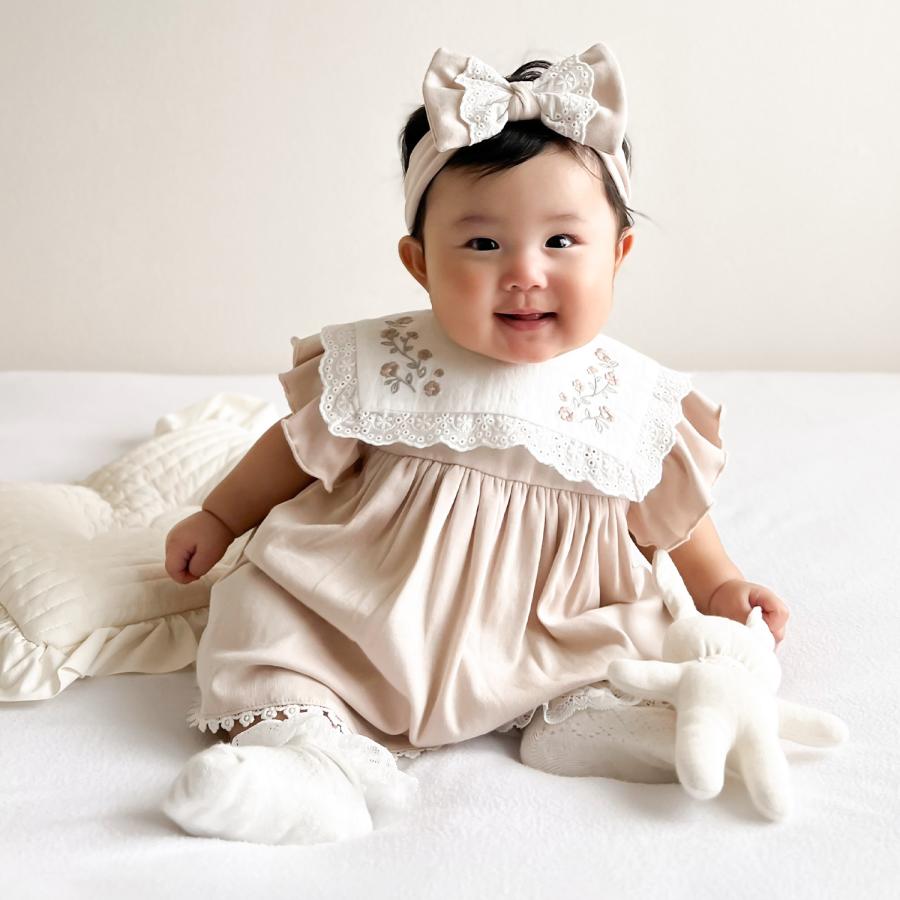 monbebe ホワイトロンパースと帽子セット 双子 年子 monbebe ロンパース waffle suit (bonnet set) 新生児 ベビー