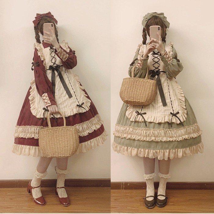 最新の激安 レディース 少女 Lolitaワンピース セットアップフリル襟 レース 蝶結び付き エプロン 膝丈スカーロリータ風 夢かわいい 通学 通勤 茶会 学園祭 完売 Technet 21 Org