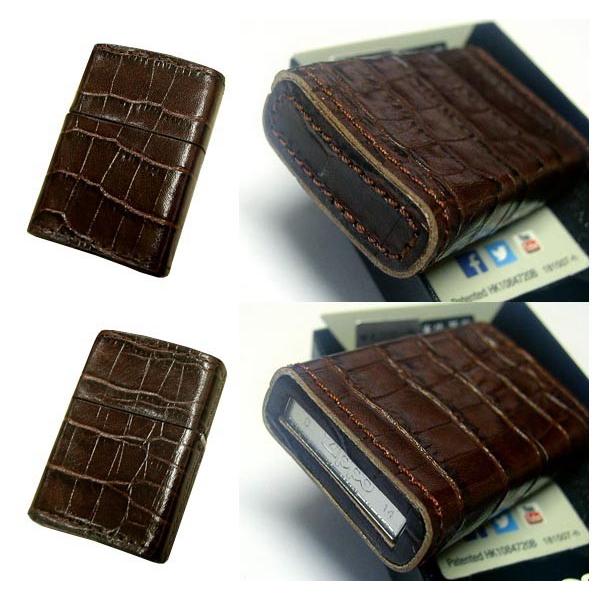 送料270円〜新品正規品 極小生産品レア！ベーシック牛本革巻きクロコ柄(BWブラウン)ZIPPOジッポライター☆おまけメンテブラシ付き！