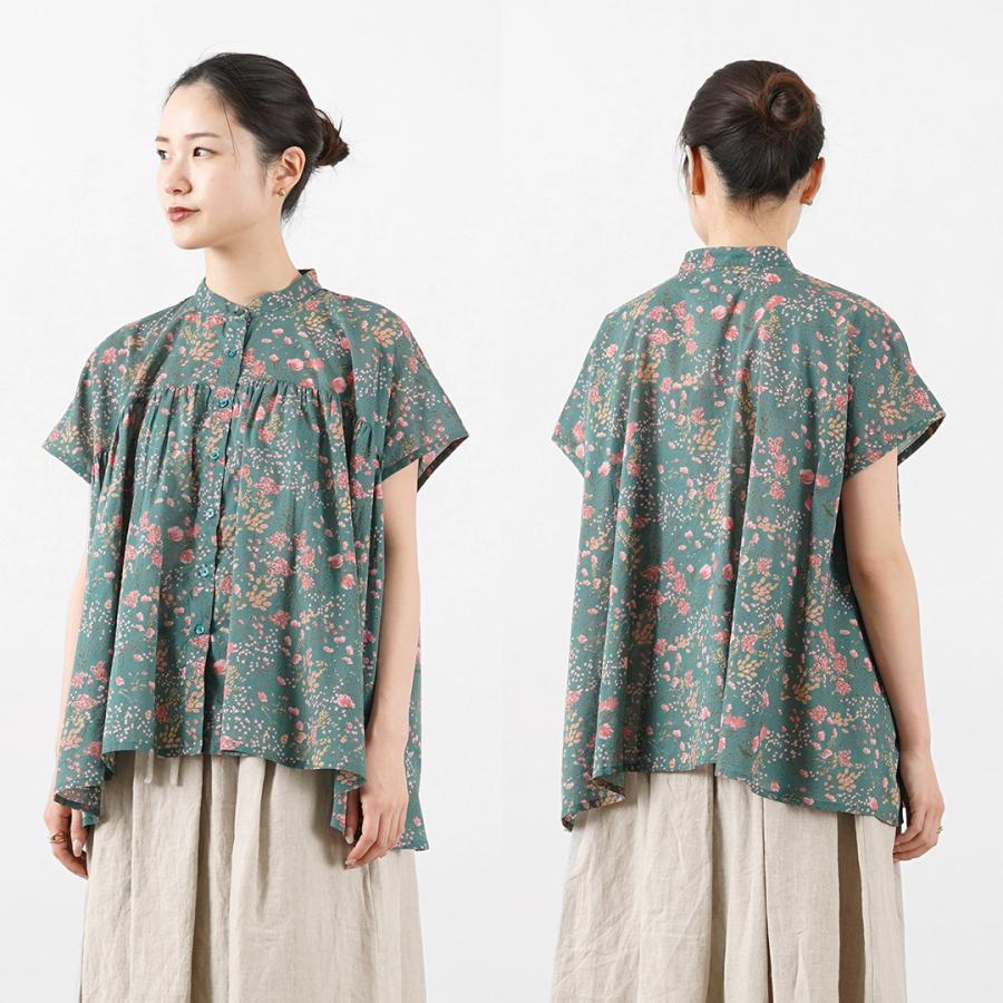 SOIL（ソイル） コットン フラワープリント バンドカラー ギャザー