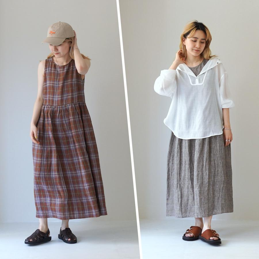 mao made（マオメイド） リネン チェック＆ストライプ ワンピース