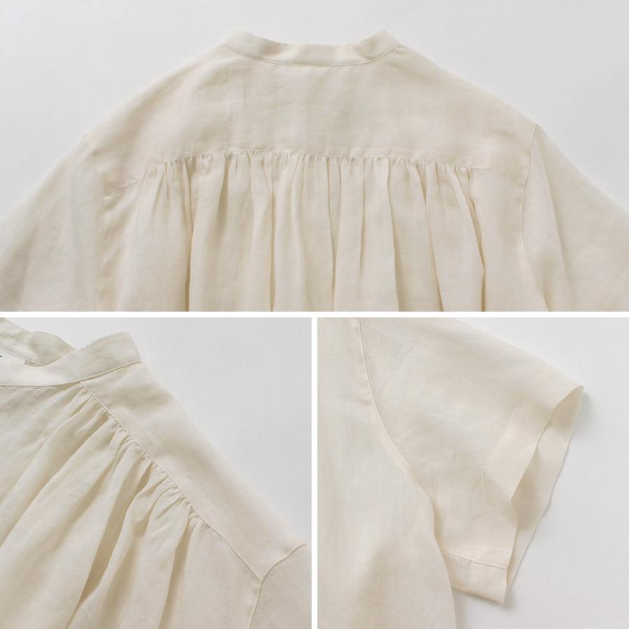 LE GLAZIK（ル グラジック） ラミー ギャザーショートシャツ / レディース ブラウス 半袖 フレア 麻 ノーカラー バンドカラーの画像