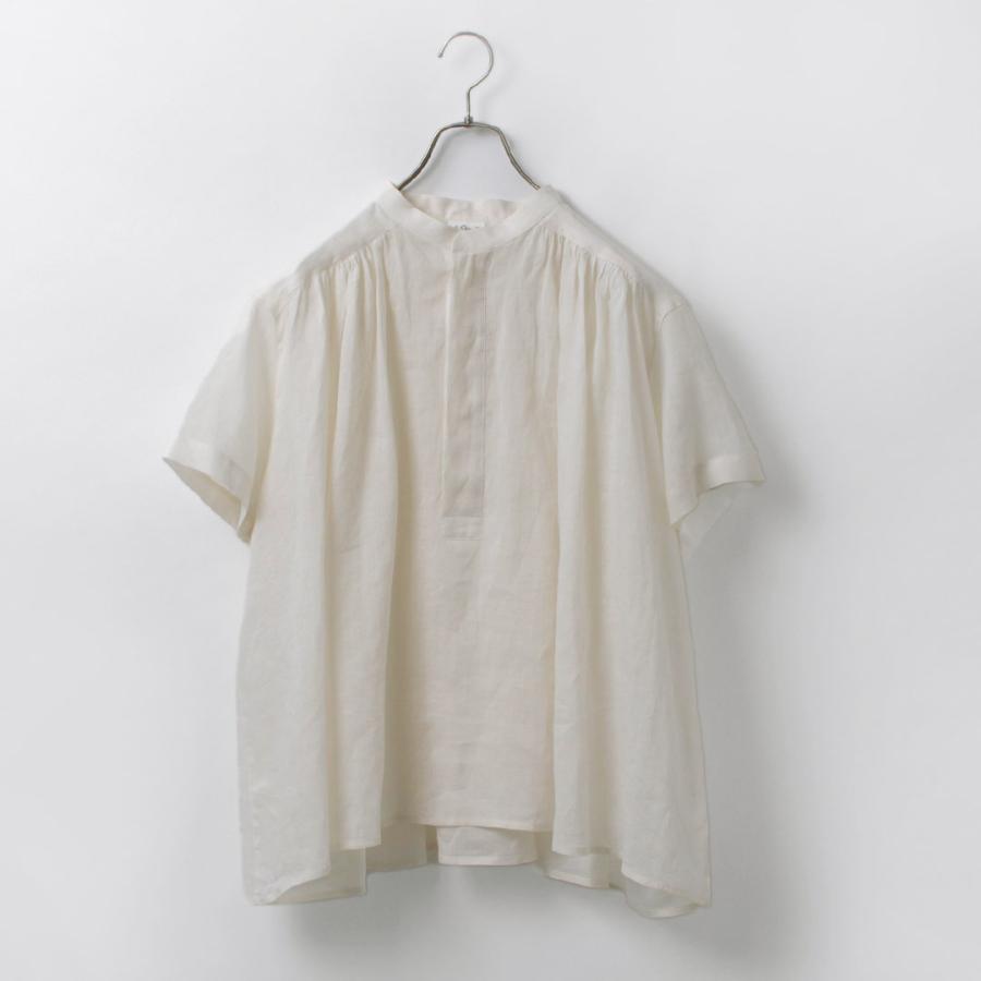 LE GLAZIK（ル グラジック） ラミー ギャザーショートシャツ / レディース ブラウス 半袖 フレア 麻 ノーカラー バンドカラーの画像